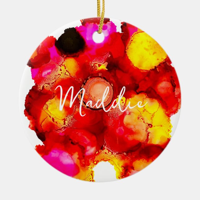 Abstract colour red and pink ceramic tree decoration (Front)