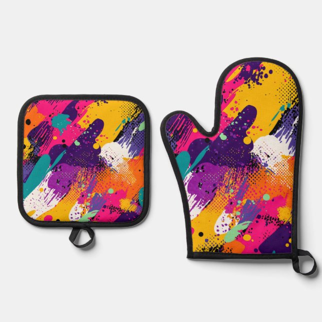 Abstract Colour Splash in Retro Comic Style (5) Oven Mitt & Pot Holder Set (Front)