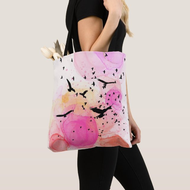 Abstract colourful birds pattern tote bag (Close Up)