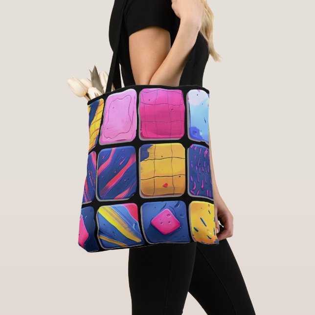 Abstract Colourful Blocks Pattern Tote Bag (Close Up)