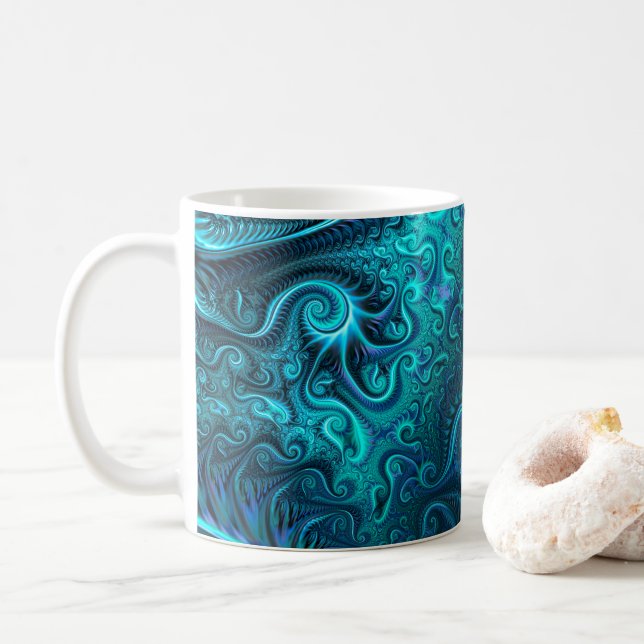 Abstract Colourful Blue & Teal Spiral Pattern  Coffee Mug (With Donut)