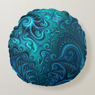 Abstract Colourful Blue & Teal Spiral Pattern  Round Cushion