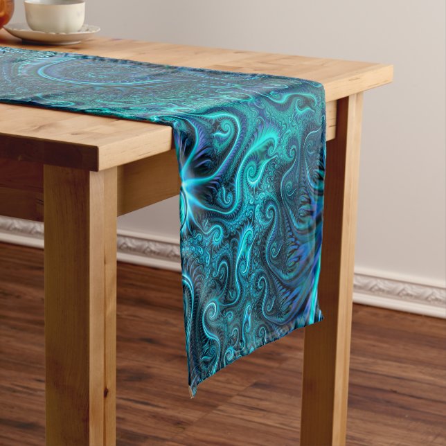 Abstract Colourful Blue & Teal Spiral Pattern Short Table Runner (In Situ)