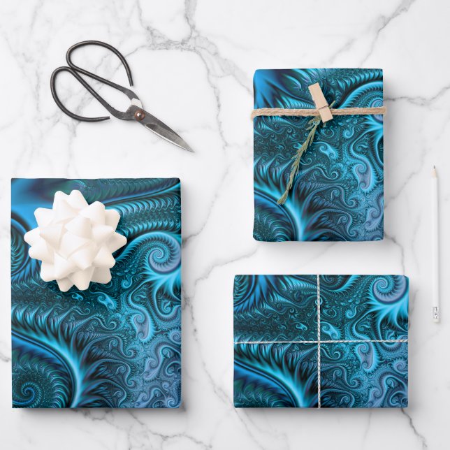 Abstract Colourful Blue & Teal Spiral Pattern Wrapping Paper Sheet (Front)