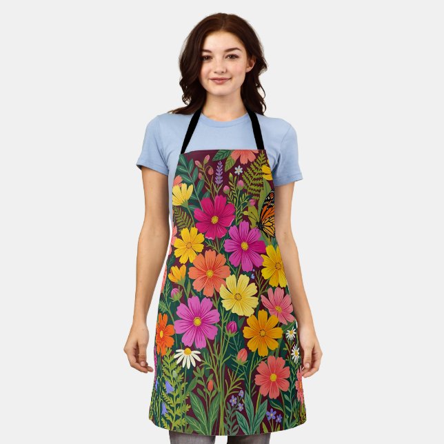 Abstract Colourful Boho Cosmos Flowers Apron (Worn)