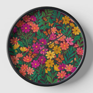 Abstract Colourful Boho Cosmos Flowers Art Clocks