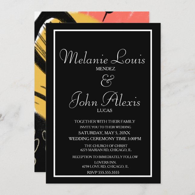 Abstract Colourful Bold Modern Wedding Coral Yello Invitation (Front/Back)