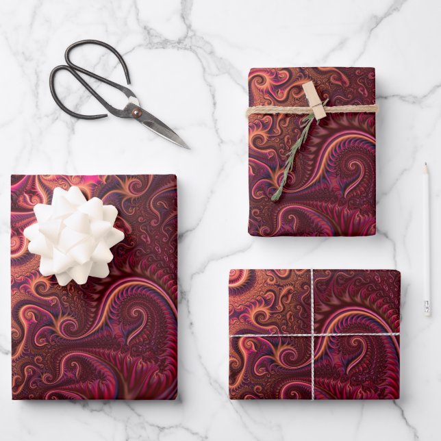 Abstract Colourful Burgundy Carmine Spiral Pattern Wrapping Paper Sheet (Front)