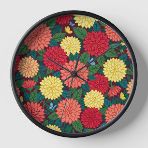 Abstract Colourful Dahlias Butterflies Art Clocks