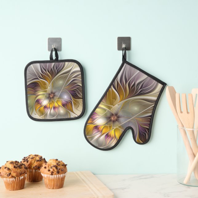 Abstract Colourful Fantasy Flower Modern Fractal Oven Mitt & Pot Holder Set (Insitu(Hanging))