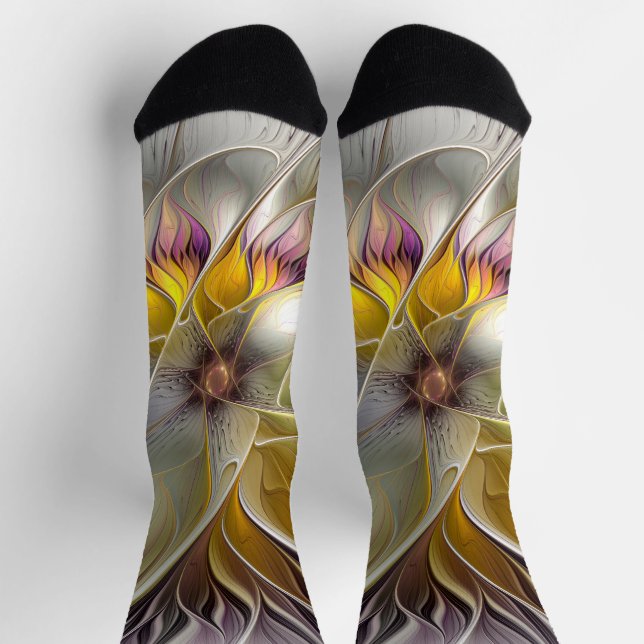 Abstract Colourful Fantasy Flower Modern Fractal Socks (Top)