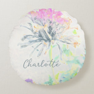 Abstract Colourful Floral Custom Name  Round Cushion