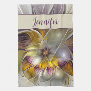 Abstract Colourful Flower Modern Fractal Art Name Tea Towel