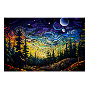 Abstract Colourful Forest Tree Sunset Landscape Poster