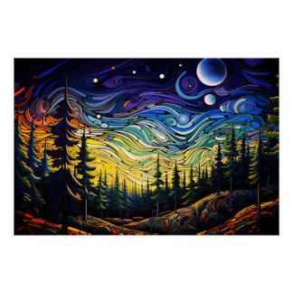 Abstract Colourful Forest Tree Sunset Landscape Poster