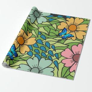 Abstract Colourful Garden Flowers and Butterflies Wrapping Paper