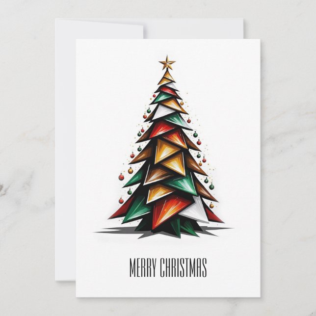 Abstract Colourful Geometric Merry Christmas Tree Holiday Card (Front)