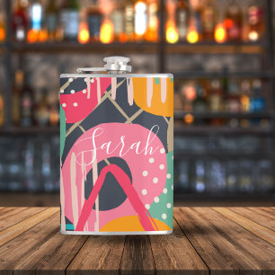 Abstract Colourful Geometric Monogram Name Design Hip Flask