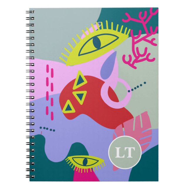 Abstract colourful green red eyes trendy monogram notebook (Front)