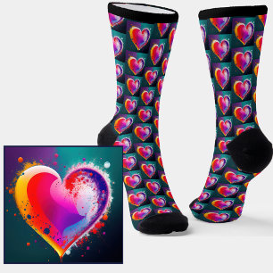Abstract Colourful Heart on Black Socks