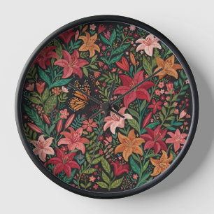 Abstract Colourful Lilies Butterfly Art Clocks