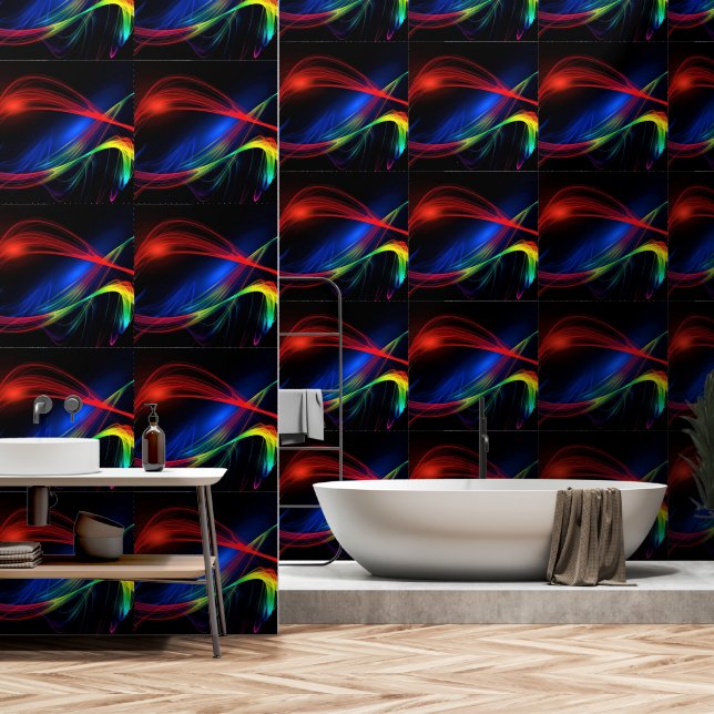 Abstract Colourful Neon Lights on Black Wallpaper (Bathroom)