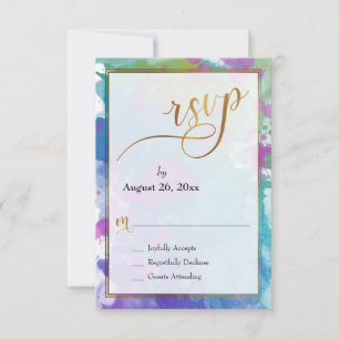 Abstract Colourful Paint Splatters Gold Script RSVP Card