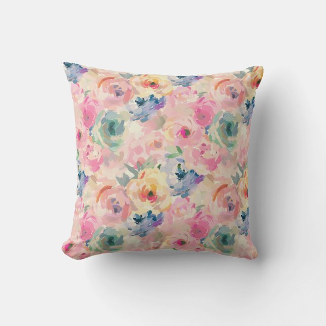 Abstract Colourful Pastel Flowers Floral Pattern Cushion (Front)