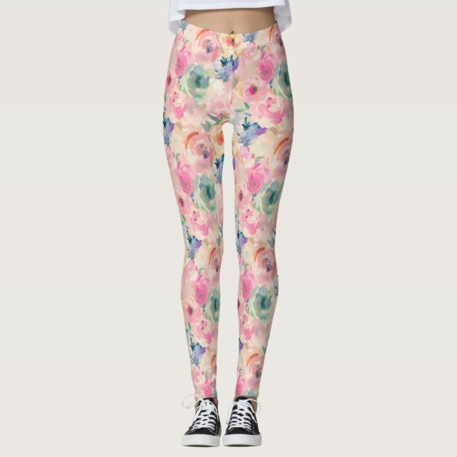 Abstract Colourful Pastel Flowers Floral Pattern Leggings (Front)