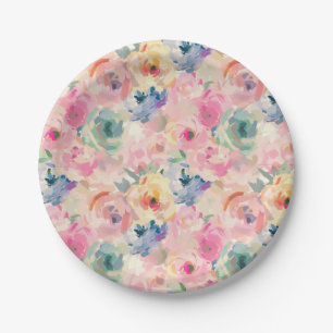 Abstract Colourful Pastel Flowers Floral Pattern Paper Plate