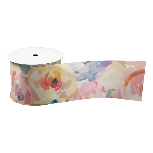 Abstract Colourful Pastel Flowers Floral Pattern Satin Ribbon (Spool)
