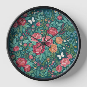 Abstract Colourful Peonies Butterflies Art Clocks