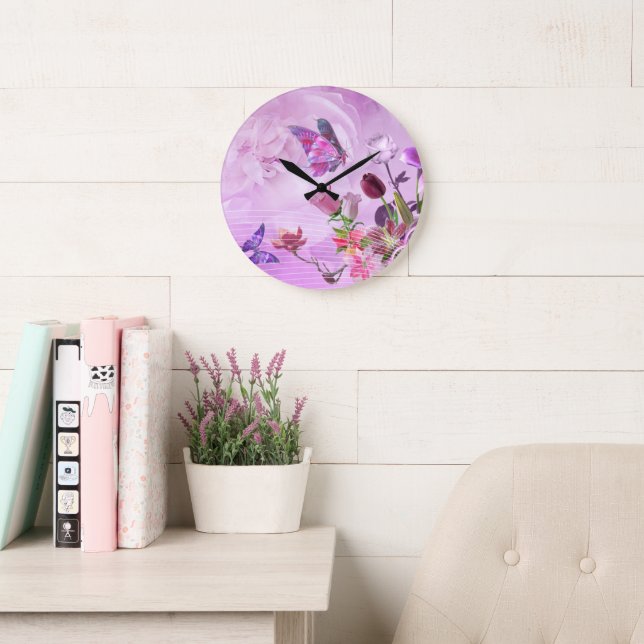 Abstract Colourful Pink Purple Cute Butterfly Large Clock (Reading Room)