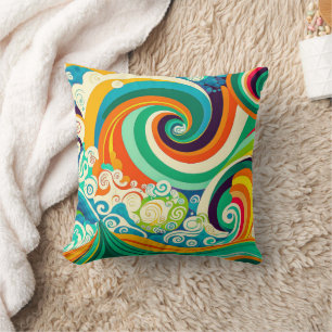 Abstract Colourful Retro 70s Hippie Waves Artwork  Cushion