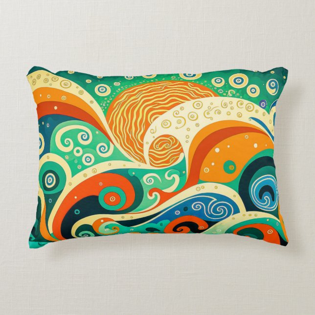 Abstract Colourful Retro 70s Hippie Waves Artwork  Decorative Cushion (Front)