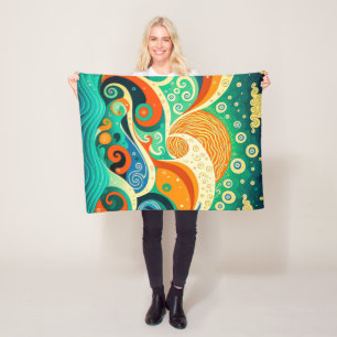 Abstract Colourful Retro 70s Hippie Waves Artwork  Fleece Blanket