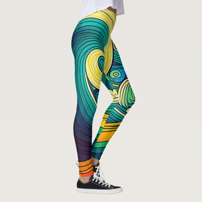 Abstract Colourful Retro 70s Hippie Waves Artwork  Leggings (Right)