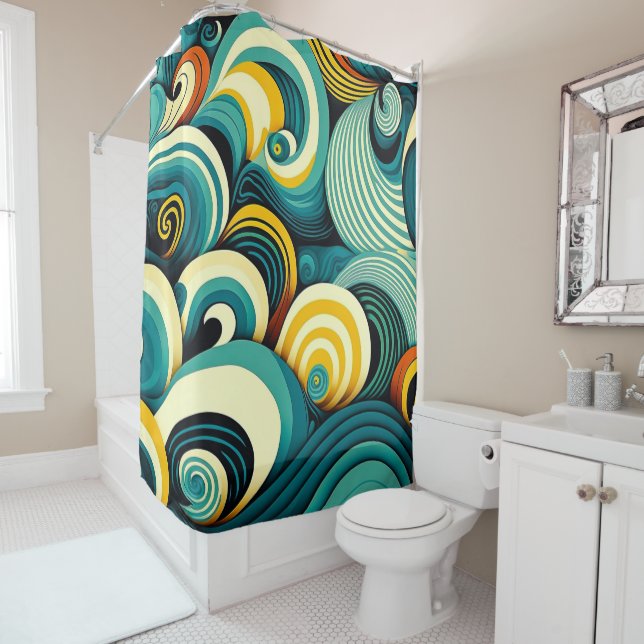 Abstract Colourful Retro 70s Hippie Waves Artwork  Shower Curtain (In Situ)