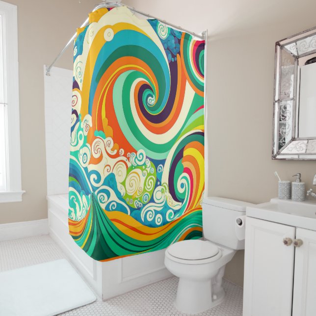 Abstract Colourful Retro 70s Hippie Waves Artwork  Shower Curtain (In Situ)