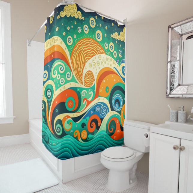 Abstract Colourful Retro 70s Hippie Waves Artwork  Shower Curtain (In Situ)