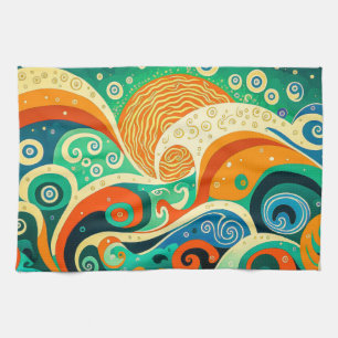 Abstract Colourful Retro 70s Hippie Waves Artwork  Tea Towel