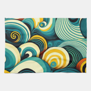 Abstract Colourful Retro 70s Hippie Waves Artwork  Tea Towel