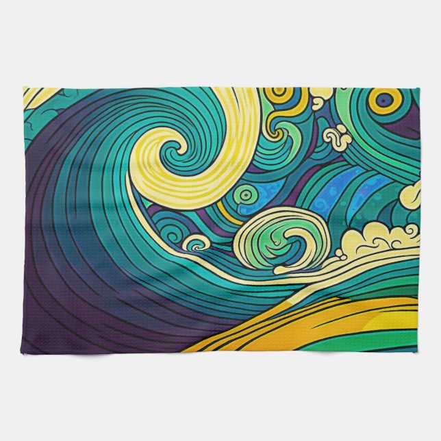 Abstract Colourful Retro 70s Hippie Waves Artwork  Tea Towel (Horizontal)