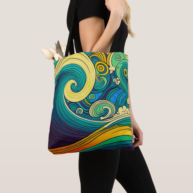 Abstract Colourful Retro 70s Hippie Waves Artwork  Tote Bag (Close Up)