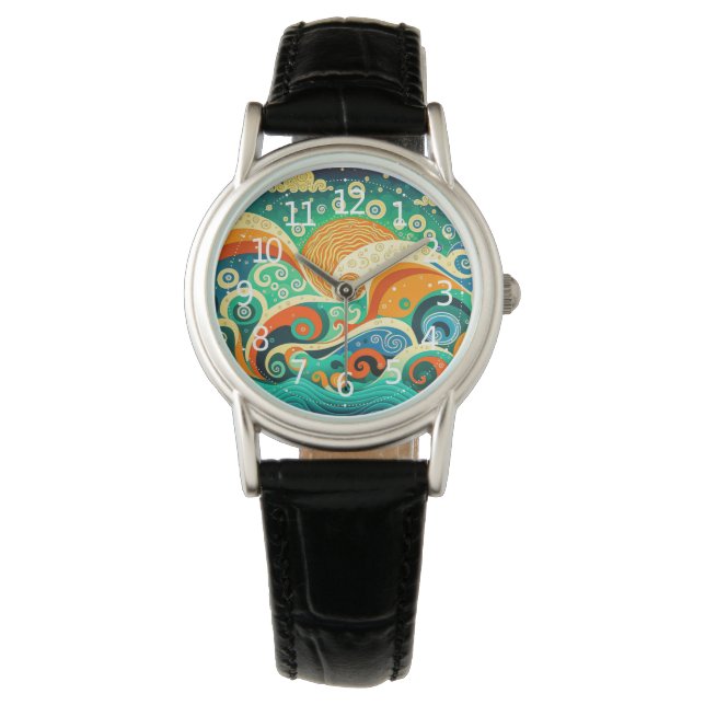 Abstract Colourful Retro 70s Hippie Waves Artwork  Watch (Front)