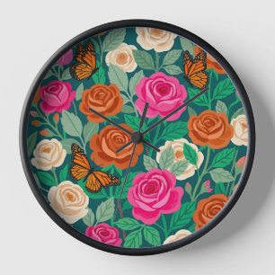 Abstract Colourful Roses & Monarchs Art Clocks