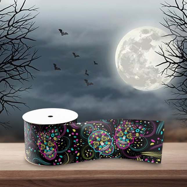 Abstract Colourful Spooky Skulls Halloween Satin Ribbon (Creator Uploaded)