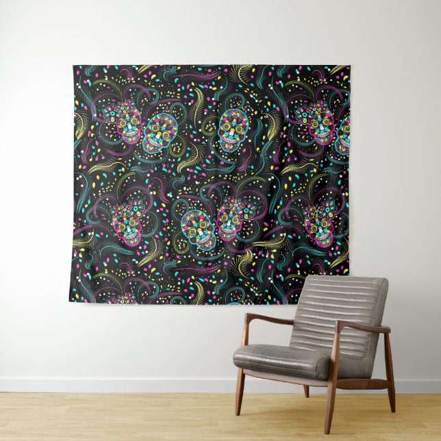 Abstract Colourful Spooky Skulls Halloween Tapestry (In Situ (Horizontal))