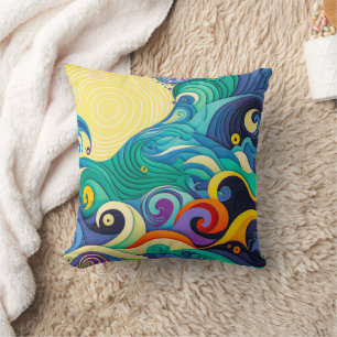 Abstract Colourful Sun Waves Line Art Illustration Cushion
