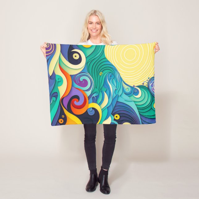 Abstract Colourful Sun Waves Line Art Illustration Fleece Blanket (In Situ)